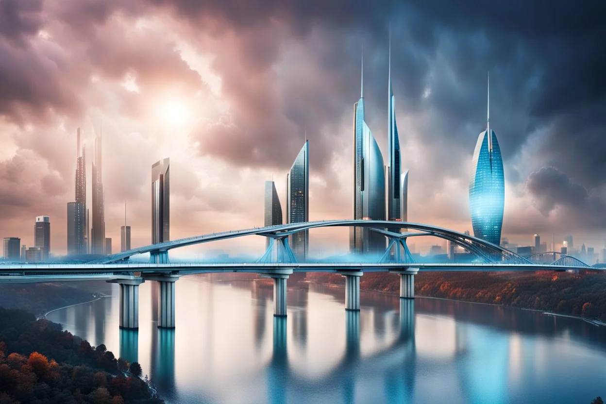 Dreamlike Skyline of Downtown futuristic hightech city in 4050 and a stunning futuristic Bridge During. dark sky, grey and black clouds , storm, dark azur-blue river, cold colors, come storm, rain, high detalied, sci-fi, landscape