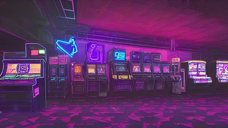 A dark photo of the corners of an 80's aesthetics arcade at night, with a lot of functioning arcade machines, a vaporwave floor and some colorful tiles in between the floor. Purple aesthetics. There are some pizza boxes over some of the arcade machines. The wall has a ticket shop who sells plushies, food and laser tag guns