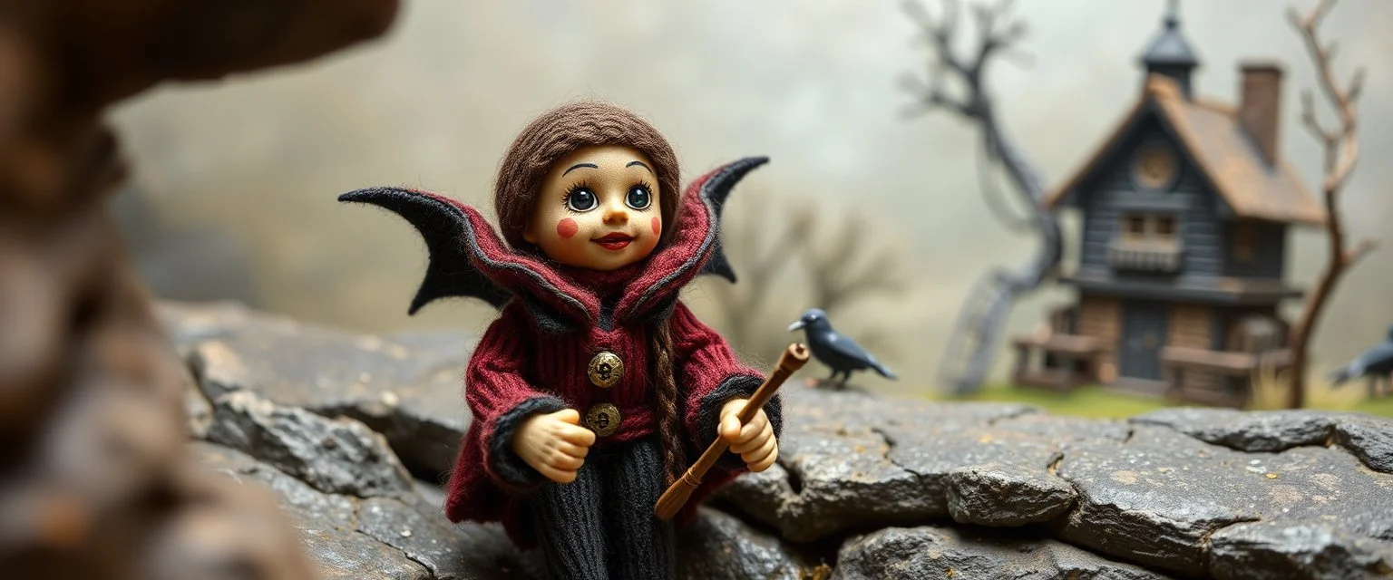 pin hole picture, miniatures on fake scene,master oil painting by Rembrandt, good afternoon disney bitch scary stone age vampire, close up on a stupid wooden doll with knitted costume trying to explain something weird