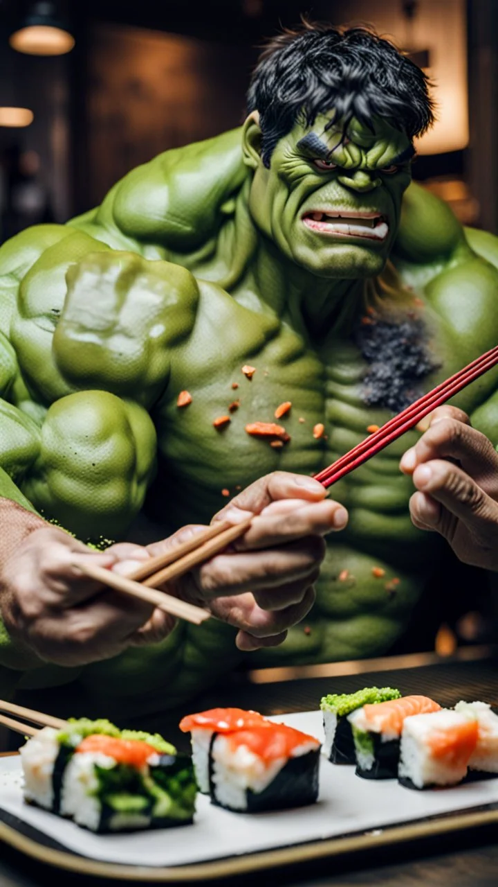 a hulk eating sushi with chopsticks, quality, full, raw photo, 8K UHD, police