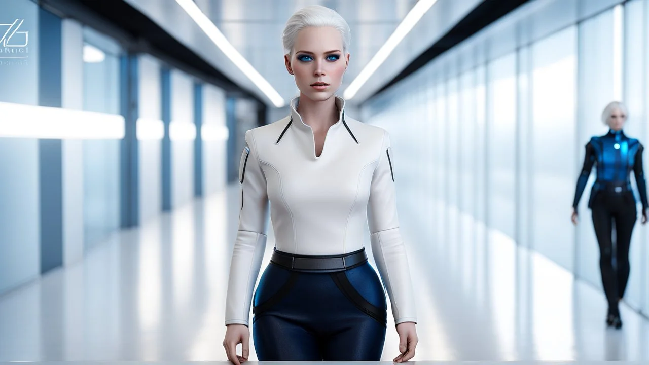 A captivating 3D render of Anita, a 25-year-old human android with unique features. She has short, white albino hair styled neatly and tied back, complementing her flawless white skin.Her striking blue eyes are surrounded by freckles, adding to her kind and approachable face. She stands in futurisctic white-blue-black cloth in a futuristic office , designed with sleek modern lines and cutting-edge technology. The photorealistic quality