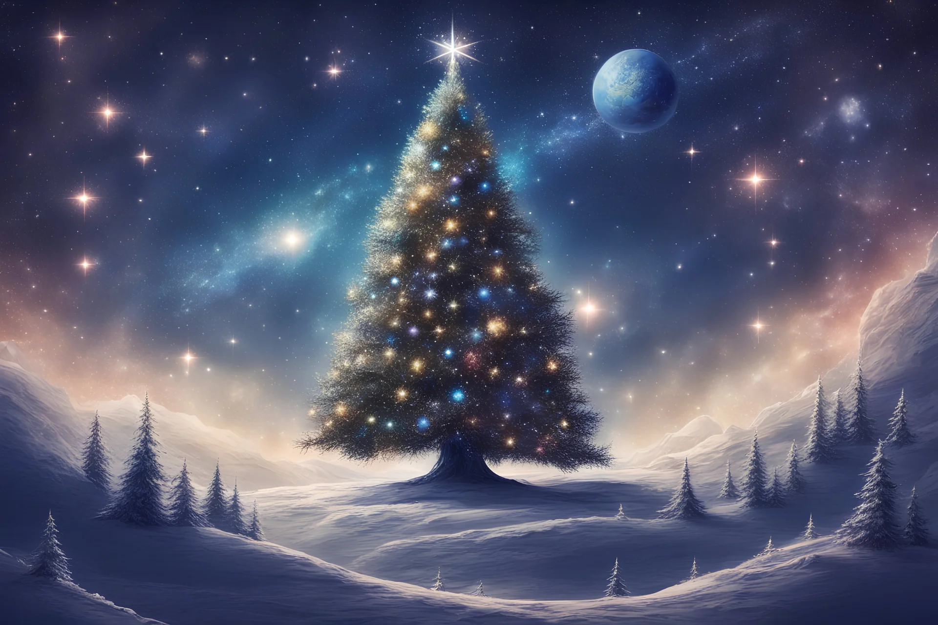 decorated Christmas tree standing in the universe on the planet Earth like little prince against a background of breathtaking stars
