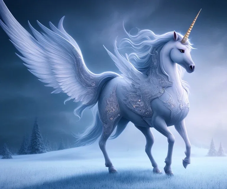 surreal illustration of a unicorn on frozen ground, realistic, surrealism, surreal unicorn with glowing wings, glowing soft and smooth wings, shadow, abstract surreal fantasy art, highly detailed, intricate patterns on wings, soft studio lighting, smooth dark blue background 64k