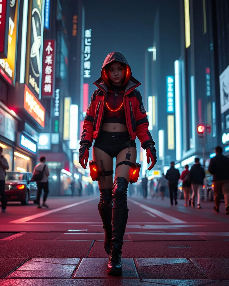 Night city Atmosphere Beyond Future A pretty Girl cyberpunk wearing advanced futuristic clothes walk in futuristic cyber city