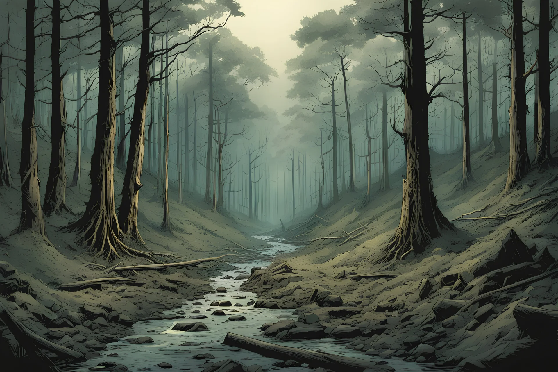 the terrifying forest with a thousand teeth and claws. a dried out creek. remains in the ground of an ancient battle. a few rotting skeletons. no lights. Mark Brooks and Dan Mumford, comic book art, perfect, smooth