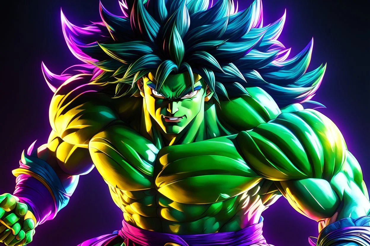 Broly in 8k cgi shadow artstyle, dynamic pose, oshare kei, hurufiyya, rtx , neon lights, intricate details, highly detailed, high details, detailed portrait, masterpiece,ultra detailed, ultra quality