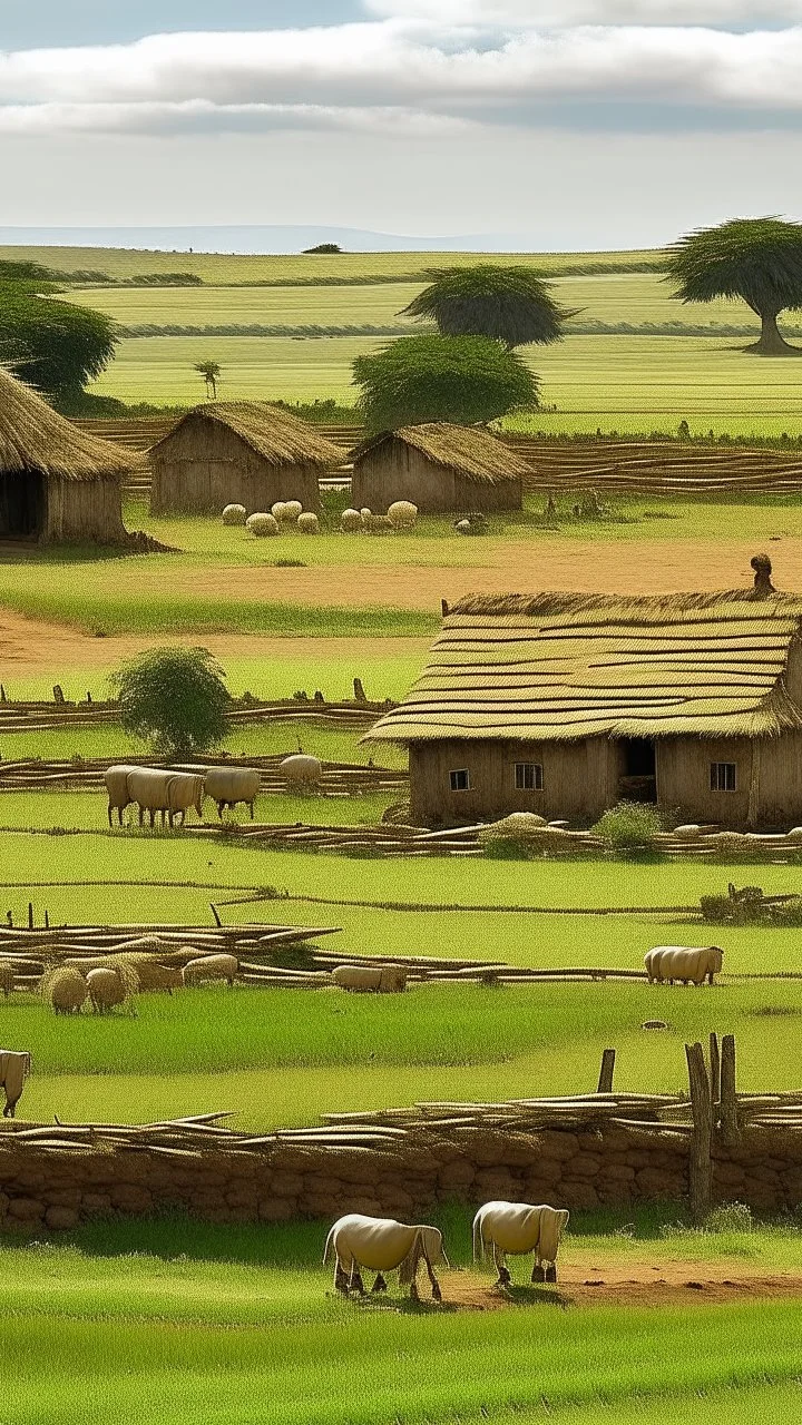 mud houses, farm land, farmers grazing