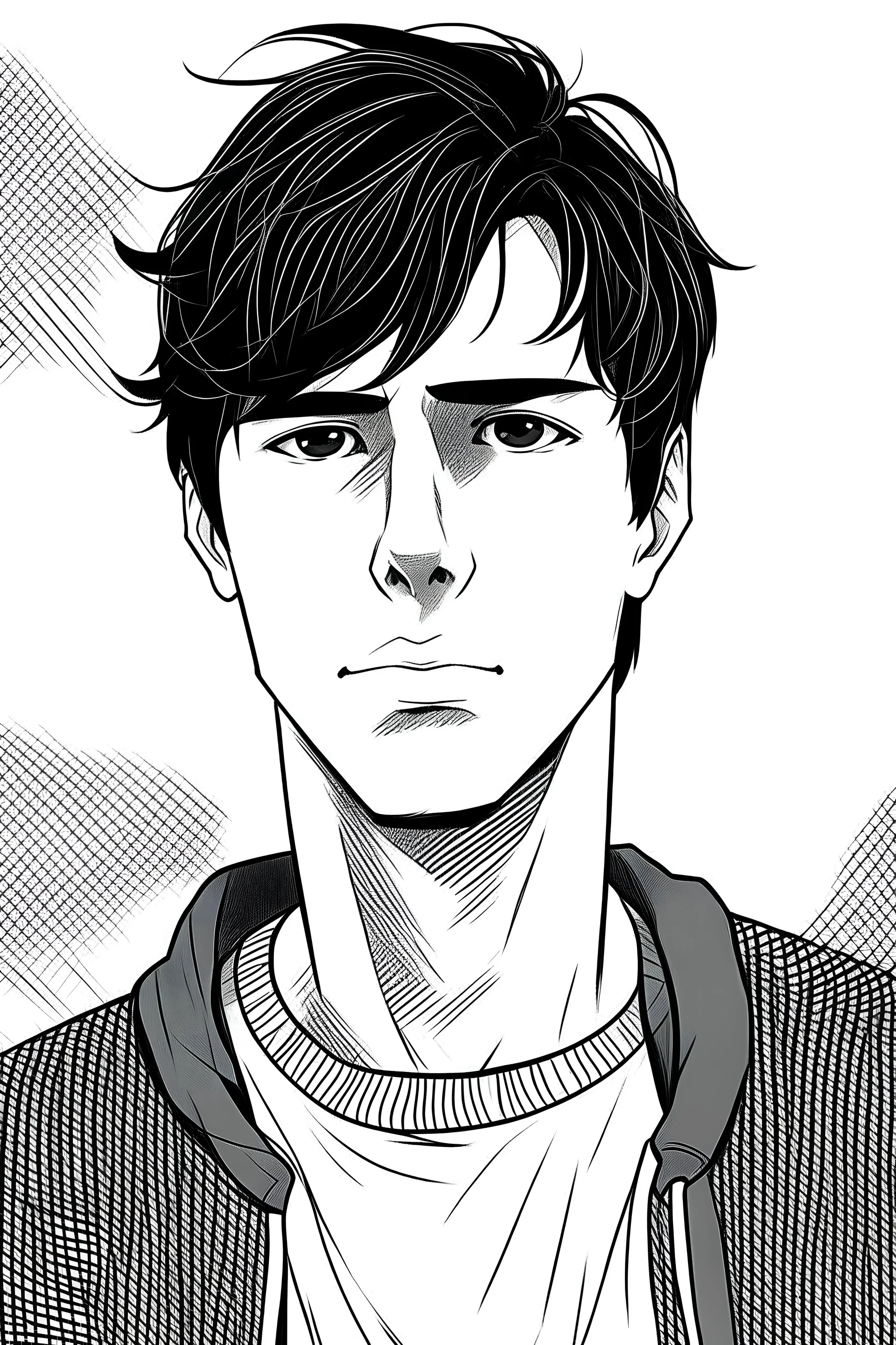 Genera una imágen en blanco y negro al estilo manga de un hombre joven, morocho, delgado, de pelo negro bien cortito, con ropa informal.