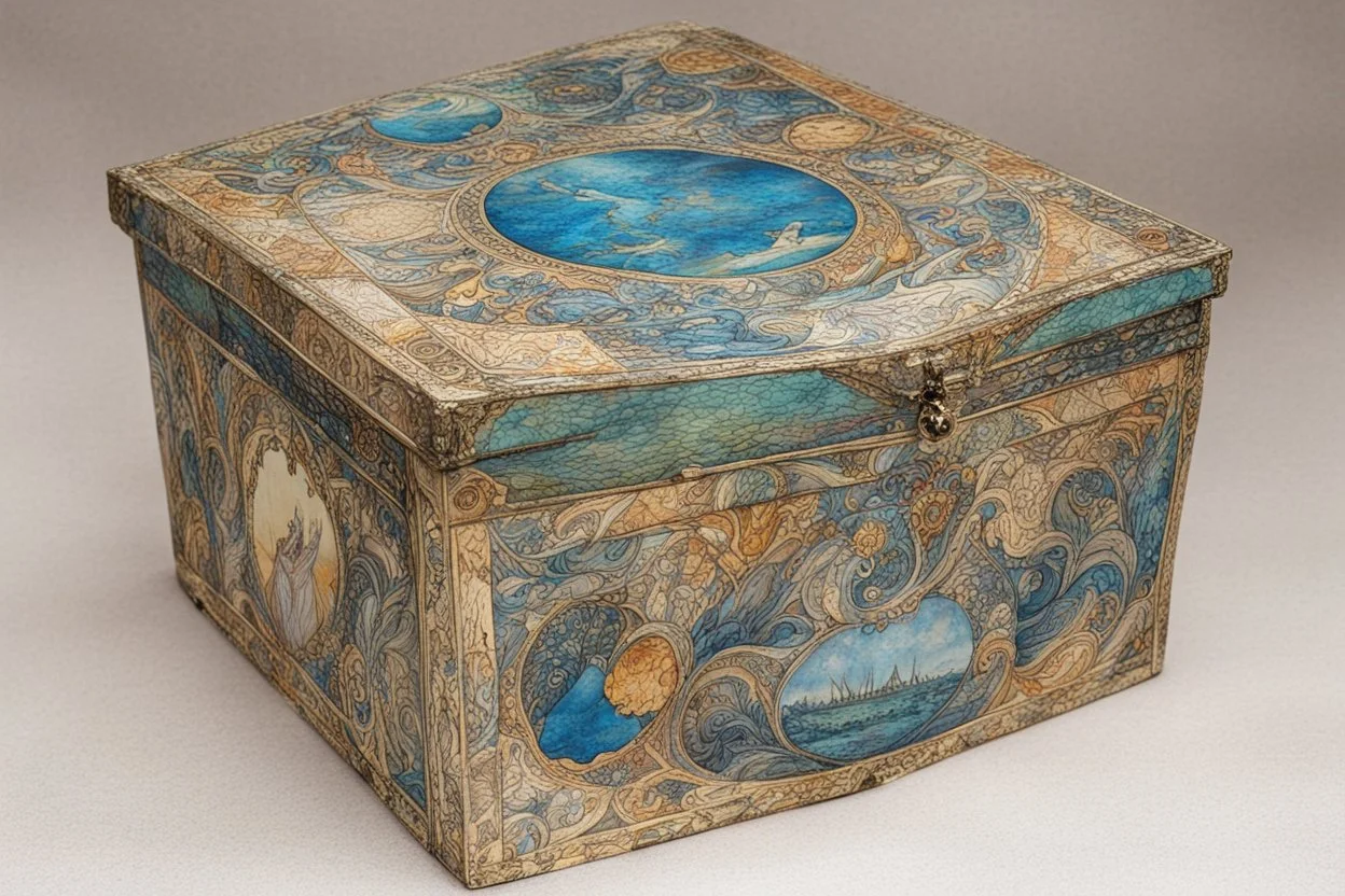 a box for storing things with beautiful drawings a lot of colours, detailed, angles, minerals, heaven,