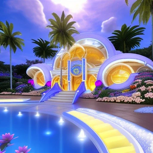 landscape of summer tropical ambient beutiful villa white gold and neon lights bright and colorful bright gloss effect of a futuristic house,like spaceship, natural round shapes concept, large transparent view of the open outdoor garden,sea beach at sunset, gold crystals,with light pink, flowers of Lotus, beutiful pools, light of sun , palmiers,cerisiers en fleurs, wisteria, sun , stars, small waterfalls