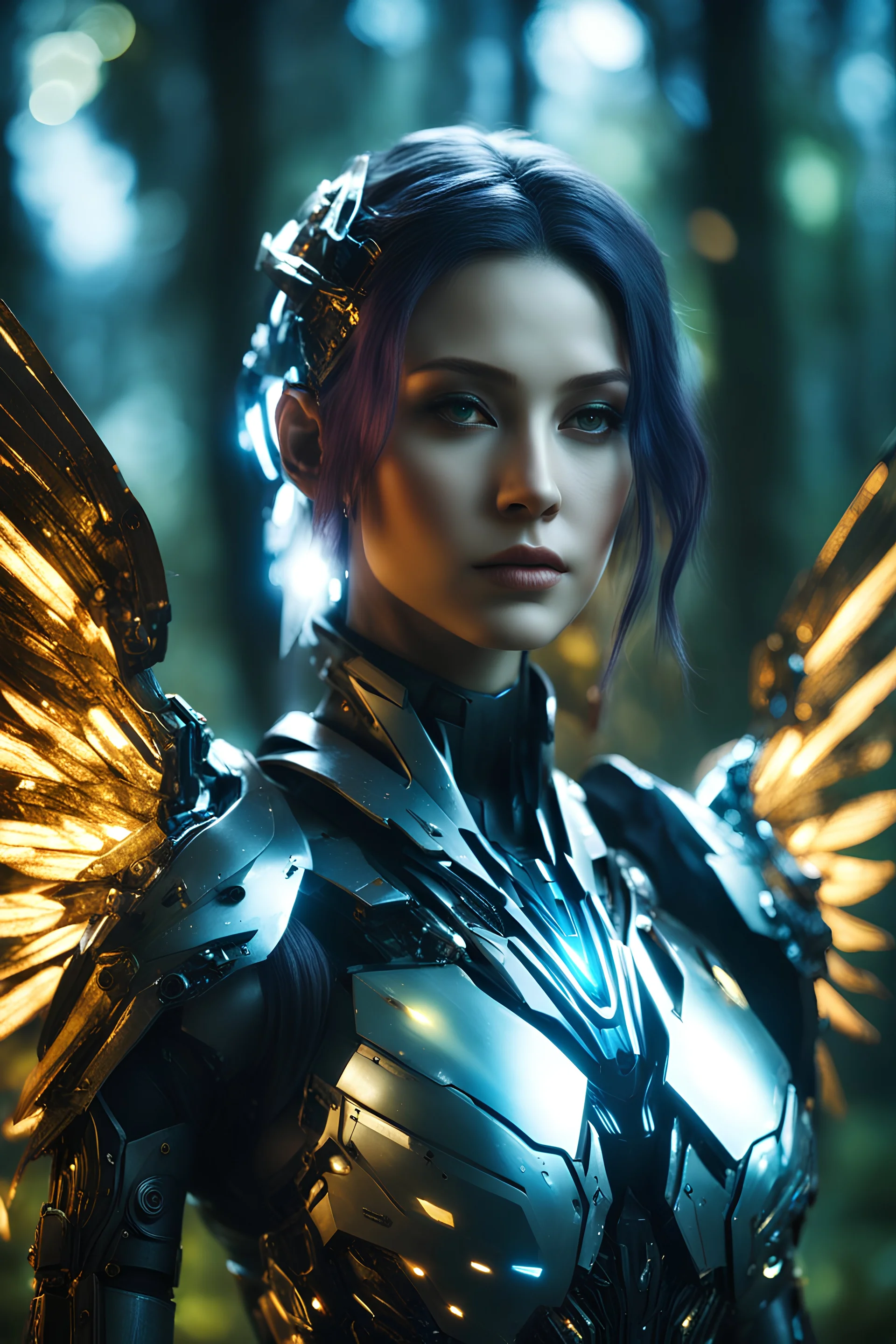 Close up Facing Front night Photography Realistic High Details,Natural Beauty,Beautiful Angel Pretty woman cyborg cybernetic ,futuristic warframe armor,wings ,in Magical Forest full of lights colors,glowing in the dark, Photography Art Photoshoot Art Cinematic Soft Blur Colors