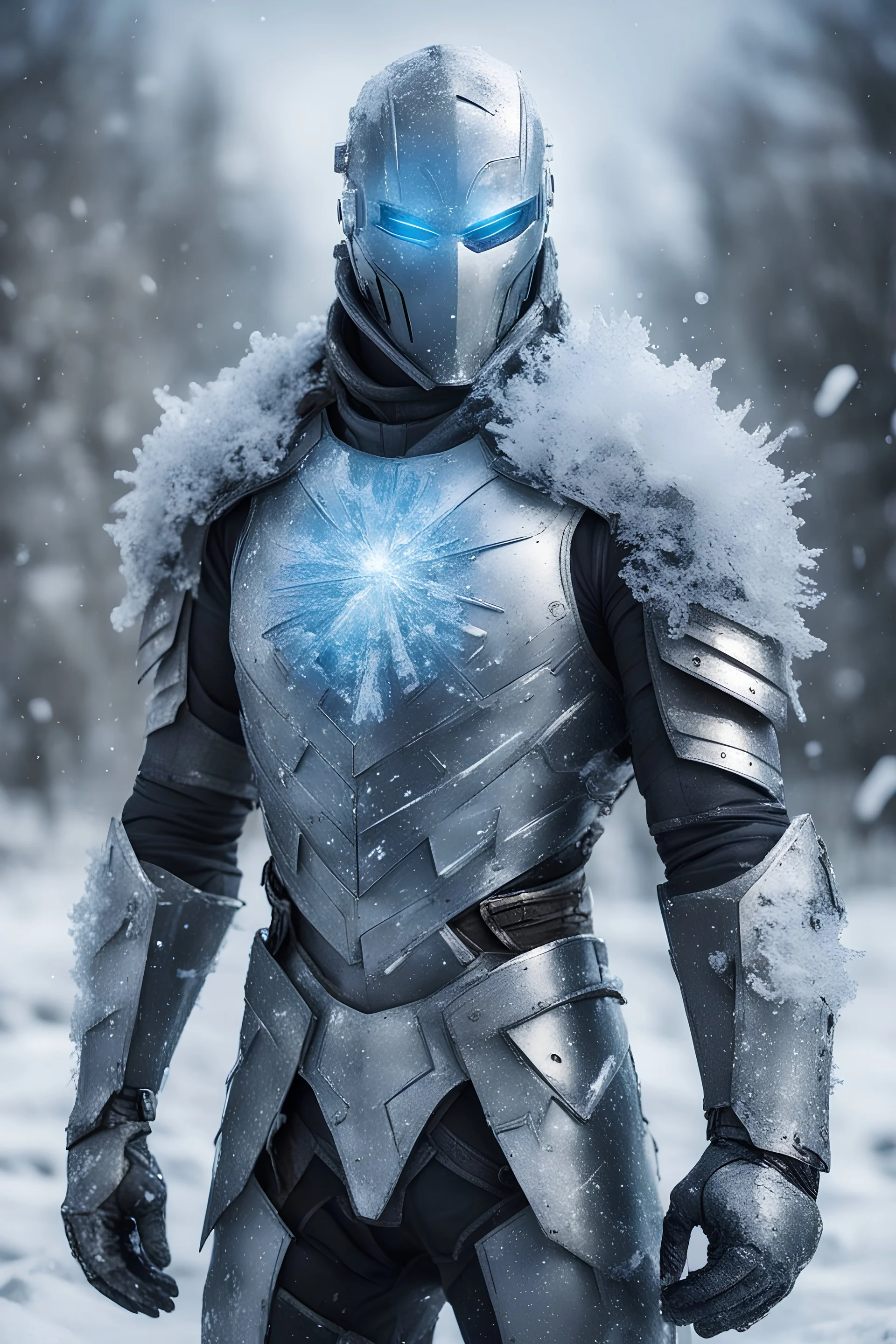 A picture of a man made up of ice and frost, there's snow around him. He has a suit of armor that is made up of ice and frost. He is a superhero with a cape. All this in a post-apocalyptic setting. He has a helmet that covers all his face with only the eyes glowing out of the helmet. He has tubes connected to his arms from a backpack