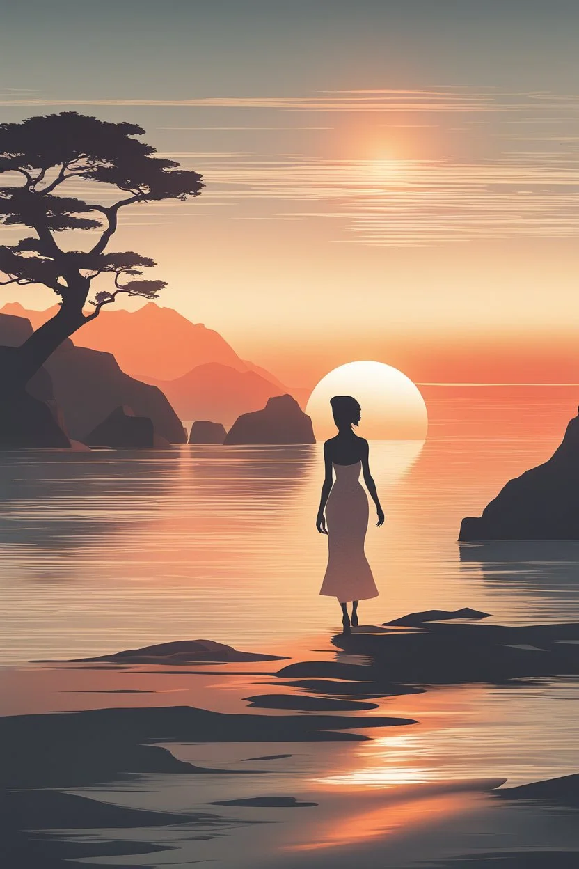 high quality, 8K Ultra HD, double exposure, beautifully designed goddess silhouette and sunset coast, minimalist, crisp lines, by yukisakura, awesome full color,