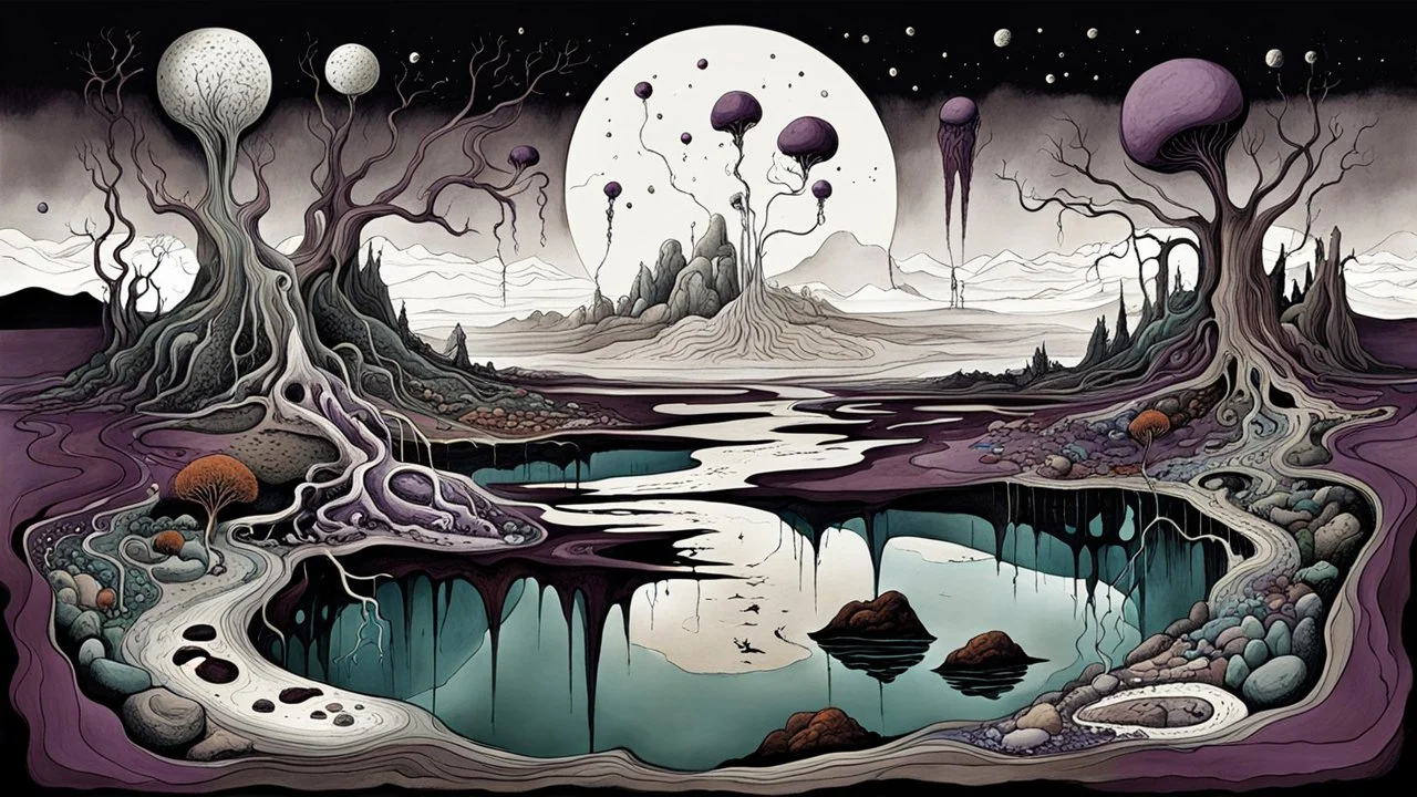 painted inner world with uncontrolled mind and neurodivergens soul, floating islands and rocks over surreal cracked weird empty landscape . deep dark purple, gray, black, white, brown, malachit, cream color. Whimsical strange style of myro, of Quentin Blake and Redmer Hoekstra. No people in picture, weird absurd beauty nightmare, black rawen, in background fade neuron network-web, surreal vibe,