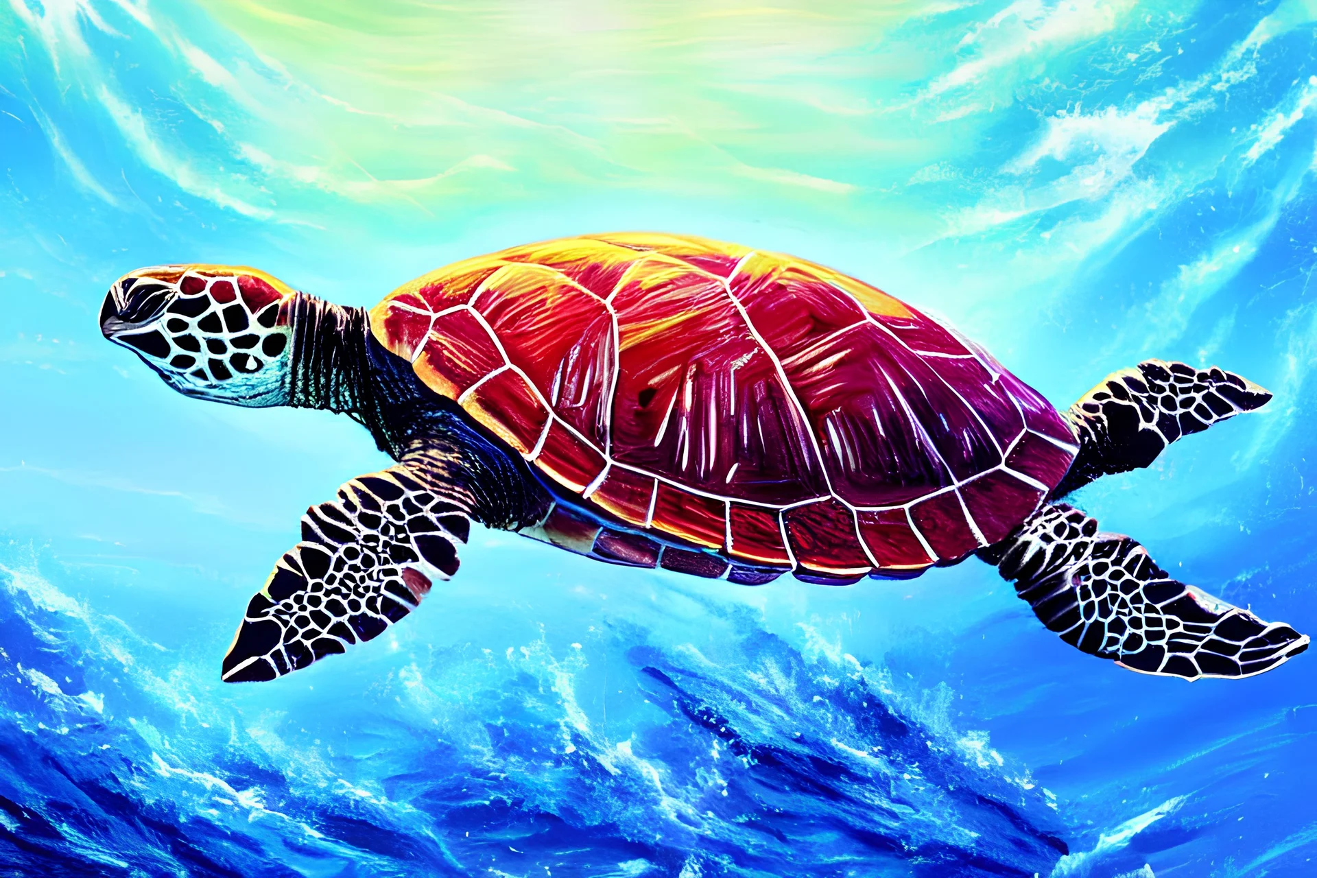 an ocean turtle, brush painting, impressionism, digital art, very detailed and intrincate, trending in artstation, retro synthwave, neon lighting