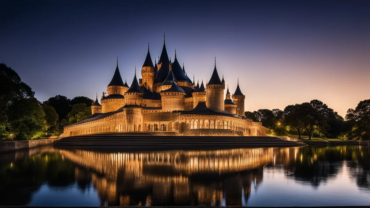 2084, delightful, sensitive, confident, undulating sinusoidal castle with pointed hyperbolic roofs, delicate, night, darkness, water features, exquisite architecture, innovative design, award-winning photograph, beautiful composition, filled with beautiful detail, delicate colour, chiaroscuro