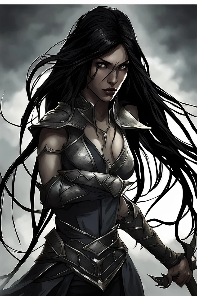 SA female elf with skin the color of storm clouds, deep grey, stands ready for battle. Her long black hair flows behind her like a shadow, while her eyes gleam with a fierce silver light. Despite the grim set of her mouth, there's a undeniable beauty in her fierce countenance. She's been in a fight, evidenced by the ragged state of her leather armor and the red cape that's seen better days, edges frayed and torn. In her hands, she grips two daggers, add dark shadow mystic purple flames