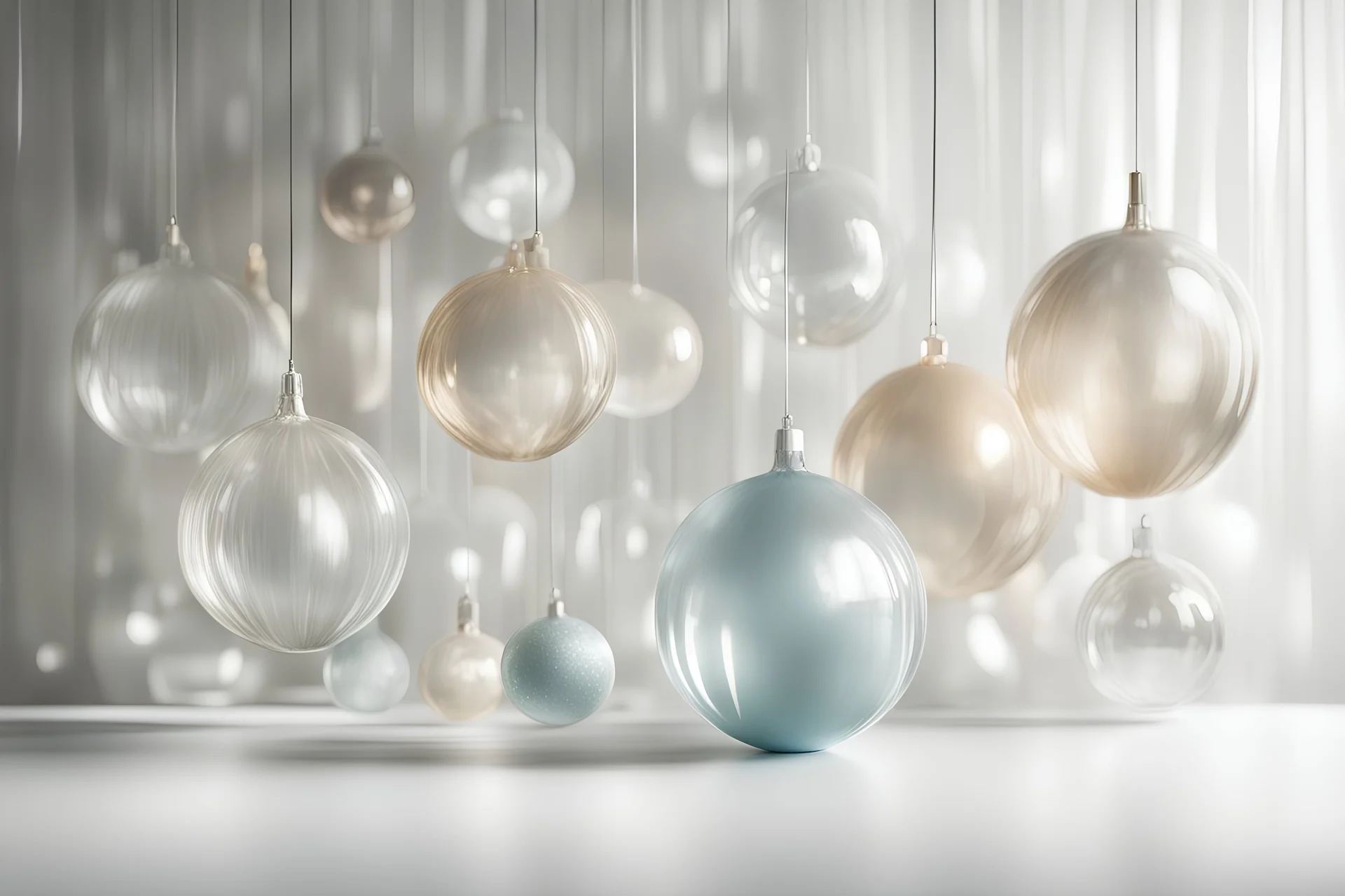 fluted translucent glass ornaments of varying shapes floating in front of a soft blurry light and shadow backdrop wall