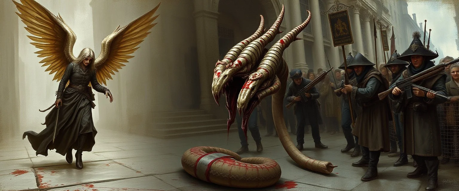 angel archon, portrait of a hairy rock star wererat snake, fantasy art, style of Rembrandt,Dead drop discovery: While walking, a party member stumbles upon a small, blood-stained package hidden in a gutter. It contains a coded message to a cult of the Dead Three. 9-10 Parade of the Patriars: A noble's procession blocks the street with bone clubs. The crowd is forced to bow, and guards roughly shove anyone who doesn't move quickly enough.