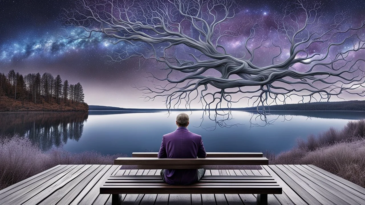 a figure sits with his back to the camera on amorphe bench in a beautiful landscape and overlooking the water of the nearby lake, calm, harmonious atmosphere, muted dark colors, purple, white, gray, brown, silver, blue, pale colors, , not too colorful colors, Whimsical style and giant stunning neuron network all over the sky surreal stunning vibe