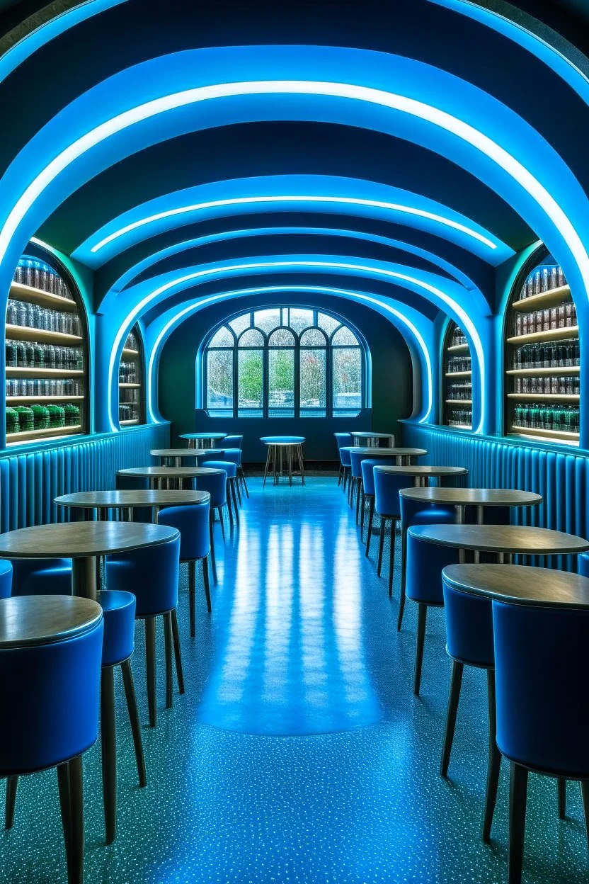 A restaurant whose outer walls are oval in shape, the color of the inside is blue, and its floor is light, with a bar table in the middle of the restaurant in the shape of an oval containing 30 chairs