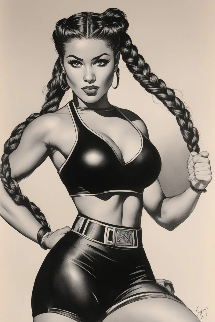 a Celtic girl with braids in a dark tight sport outfit, she does gym, panting [Ernie Chan #22 Pin-Up Illustration Original Art (Marvel, 1977)]