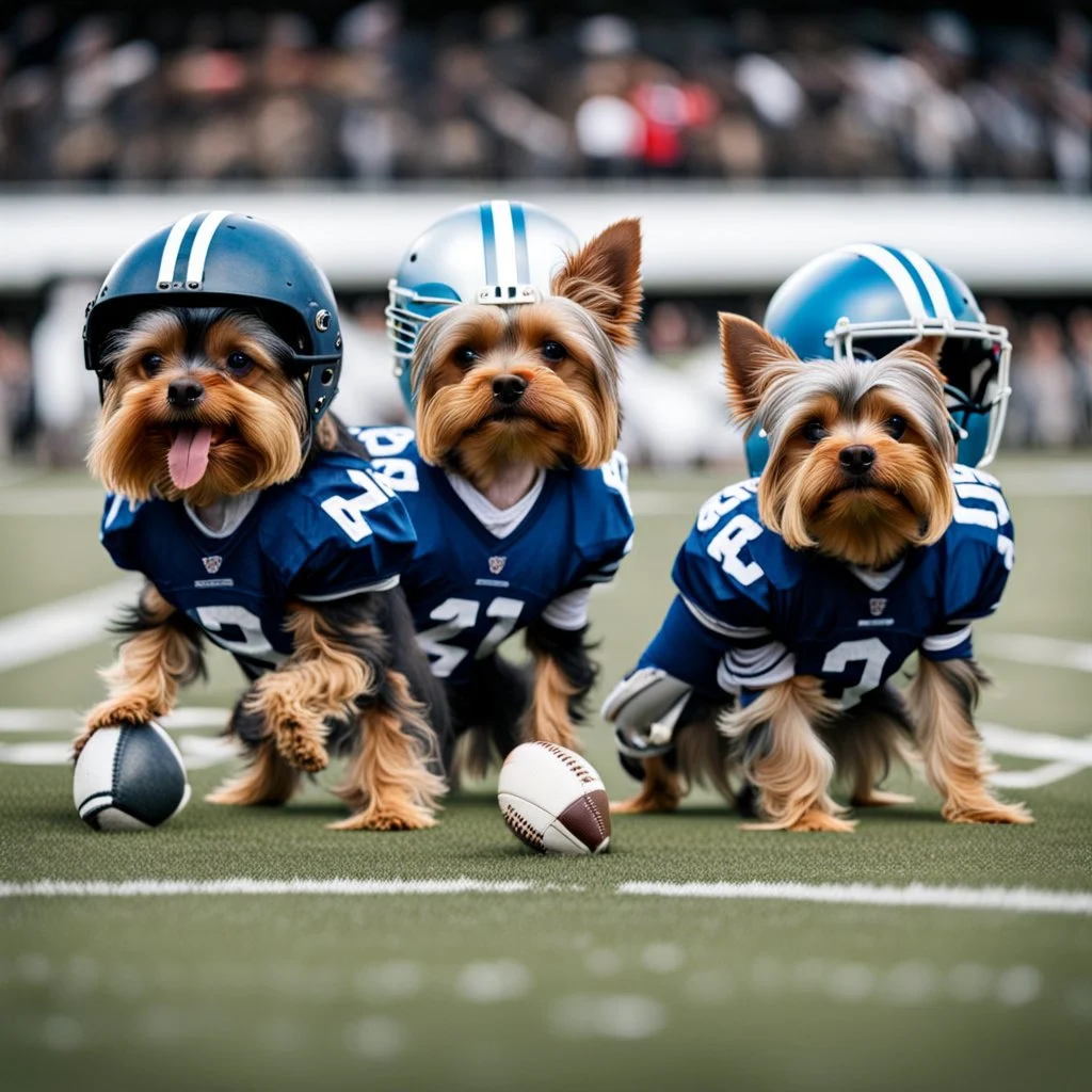 Yorkshire Terriers playing American football and wearing helmets.