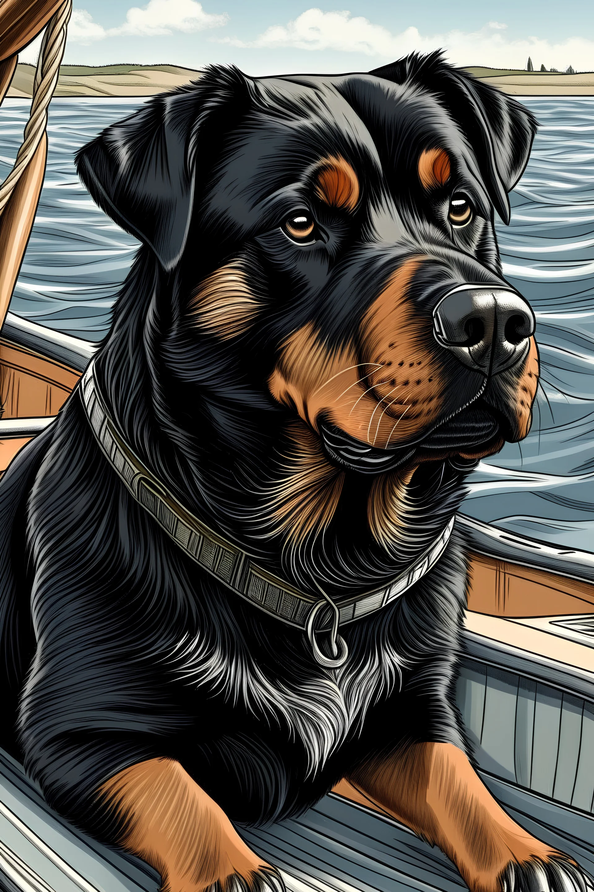 disegna un cane rottweiler al timone di una barca