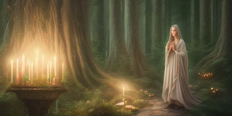 detailed beautiful white lady meditating at night with candles in an enchanted forest, fotorealistic, high quality, landscape, 17, chalice well