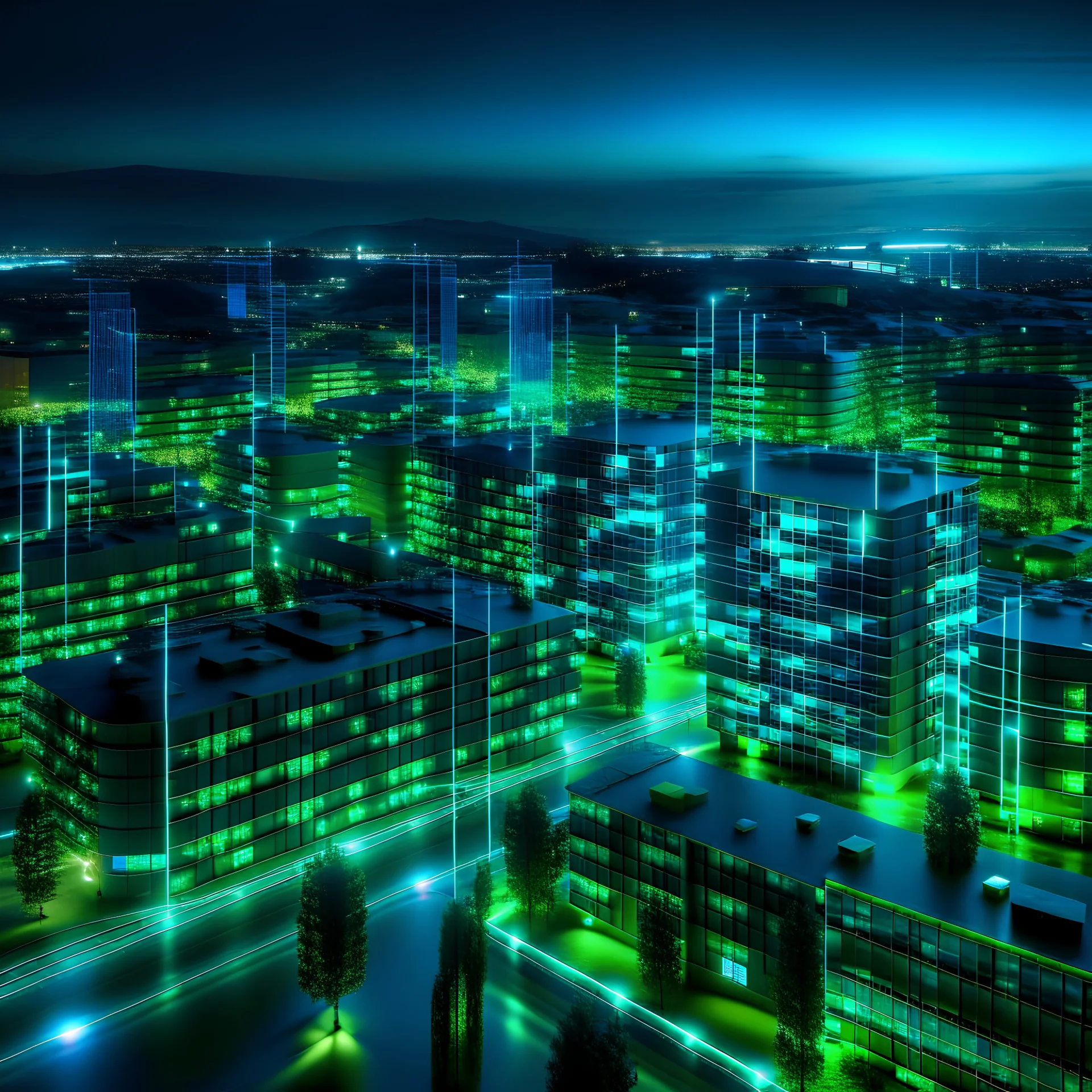 Sustainable, smart office buildings, small city sweden, data connected on circuit in blue and green. neon.