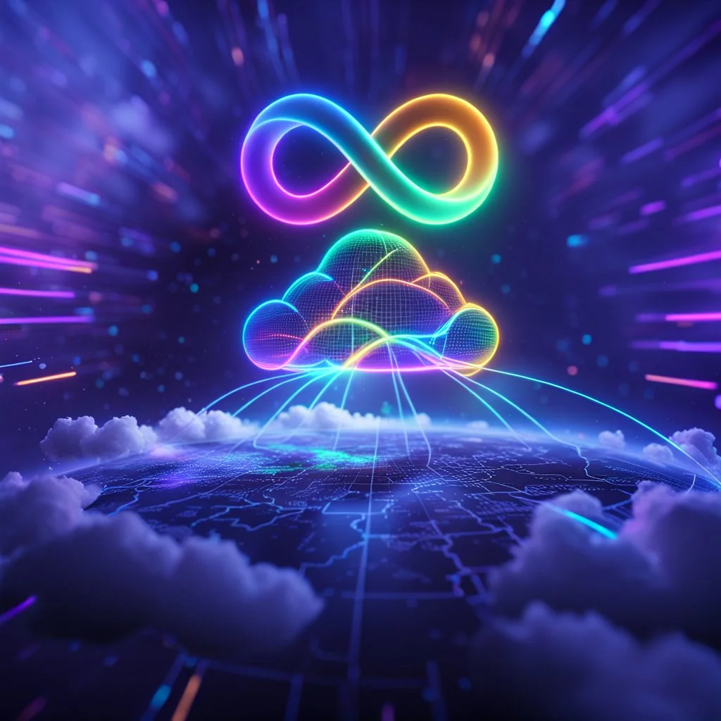 Colourful 3D glowing infinity symbol ∞, hovering above a colourful glowing cloud, network and lights coming from the cloud onto a futuristic map of the globe, inspiring, neon, glowing, friendly, beautiful, octane render, 8k post-production, artstation: award-winning: atmospheric: commanding: fantastical: clarity: 16k: ultra quality: striking: brilliance: liquid medium: stunning colors: amazing depth; lens: f/8, 28mm