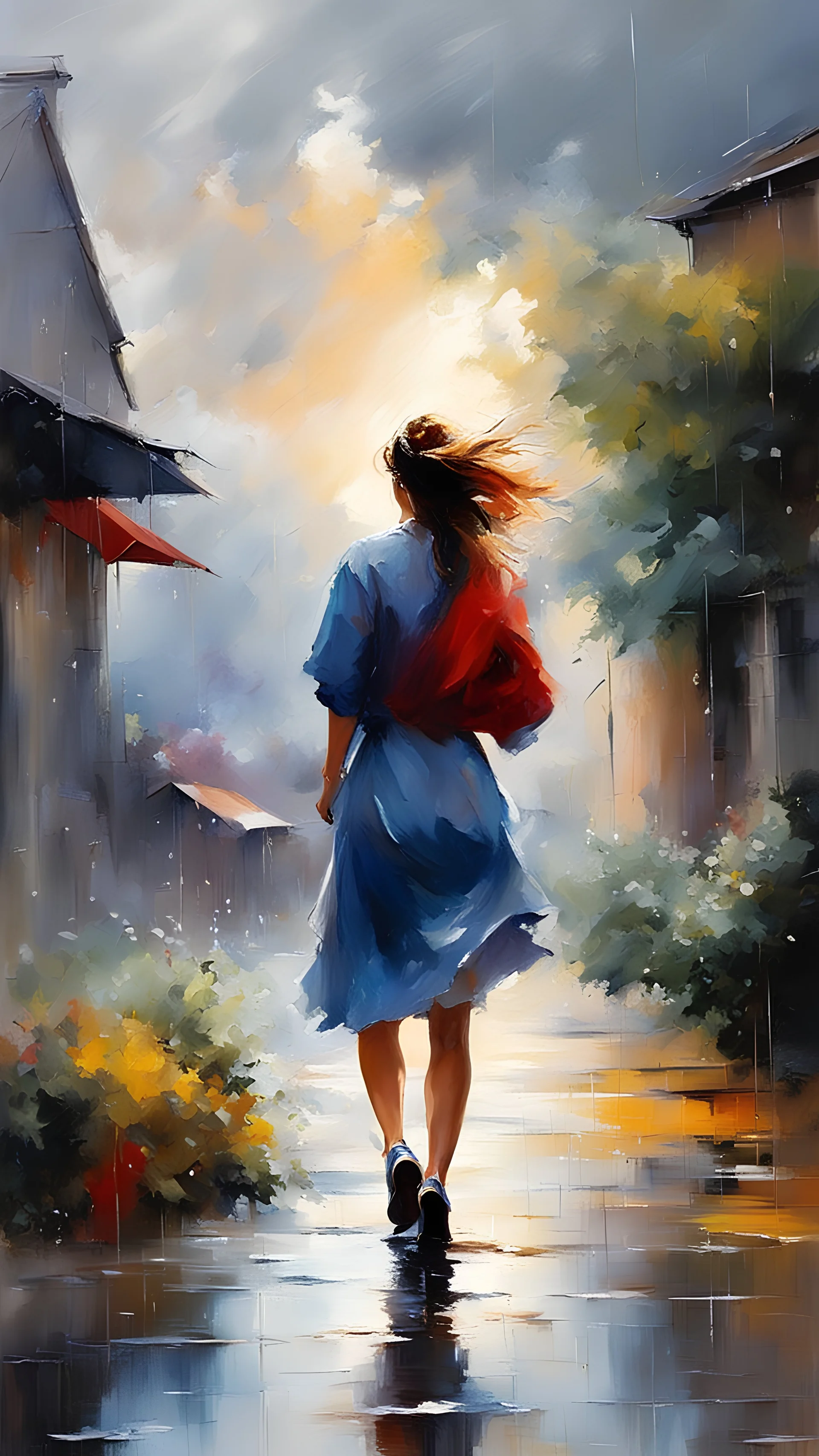 girl from behind walking in far view, surrounded by rain in the yard and strong wind and cloudy sky, sound of rain, calm, poetic, vibrant colors, painted by Willem Haenraets, meticulous detail