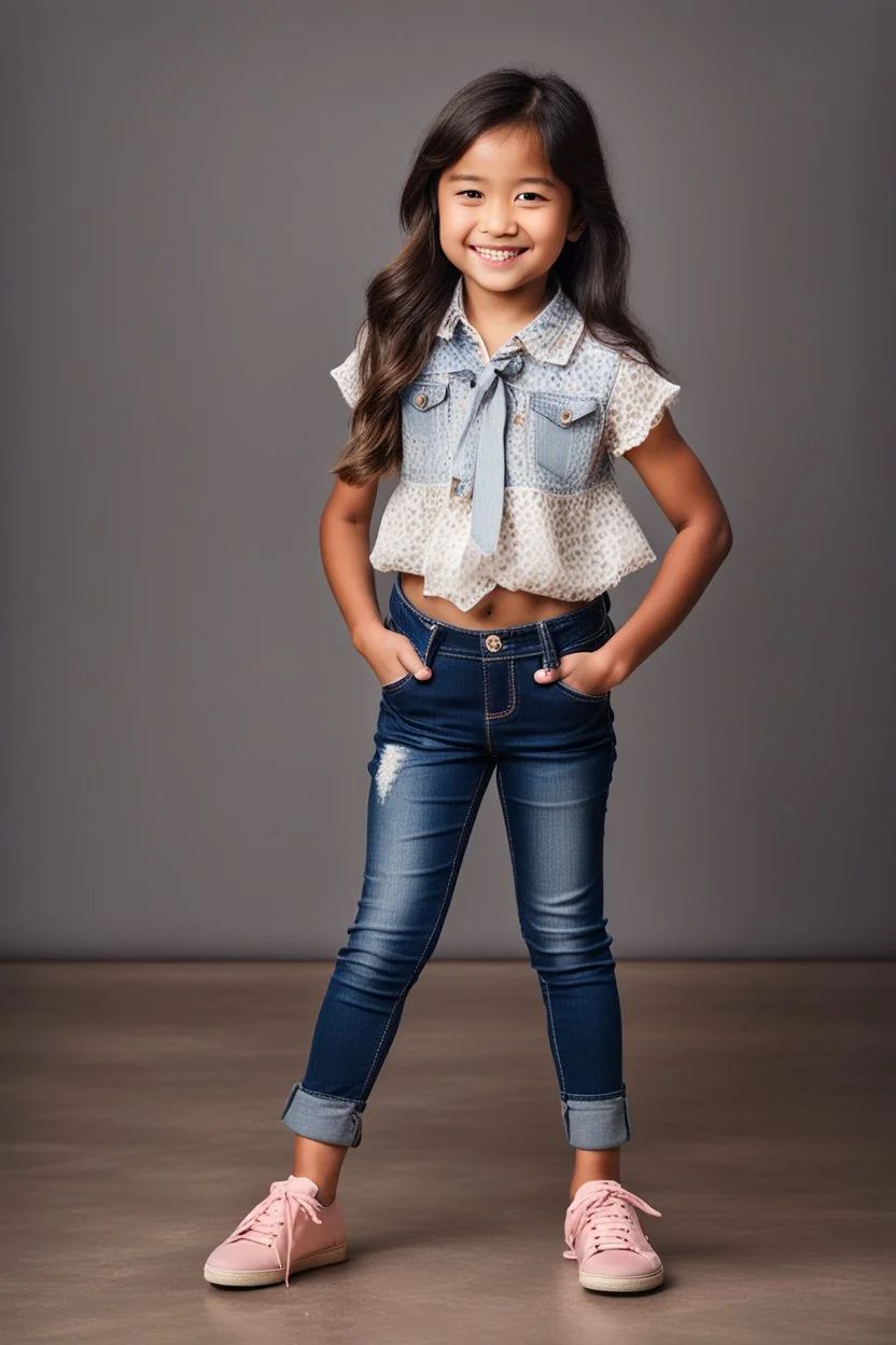 Little 8 years old 1girl wearing a pretty shirt and jean pant, standing pose