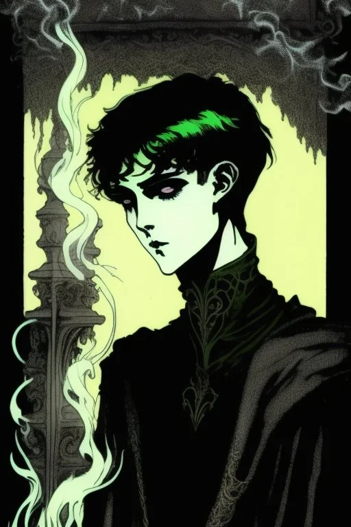 17 year old boy, necromancer, friendly, looks dead, surrounded by weird smoke with eyes, wearing black robes, in the style of Harry Clarke