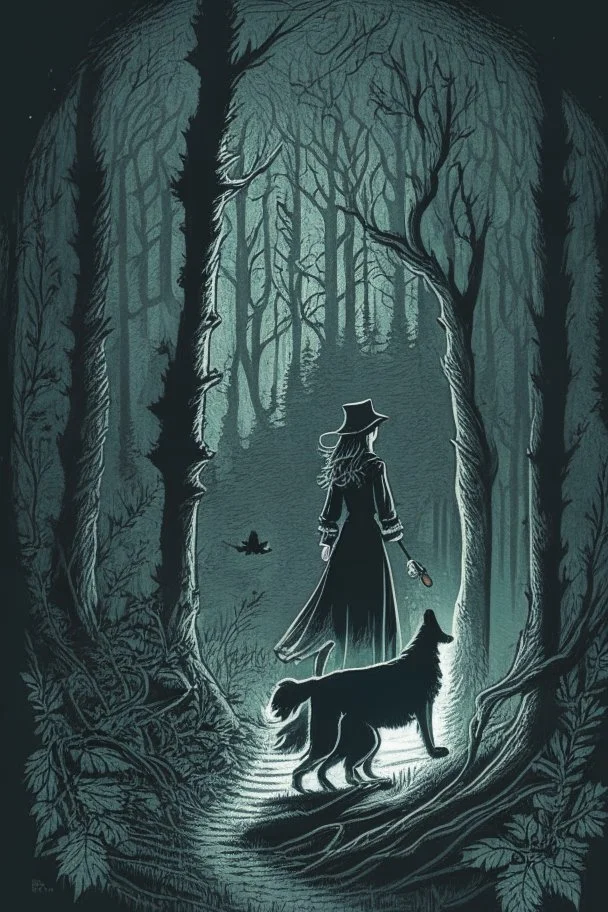 in the style of a Henry Justice Ford drawing, a beautiful witch walks through a dark forest, a dog is coming towards her