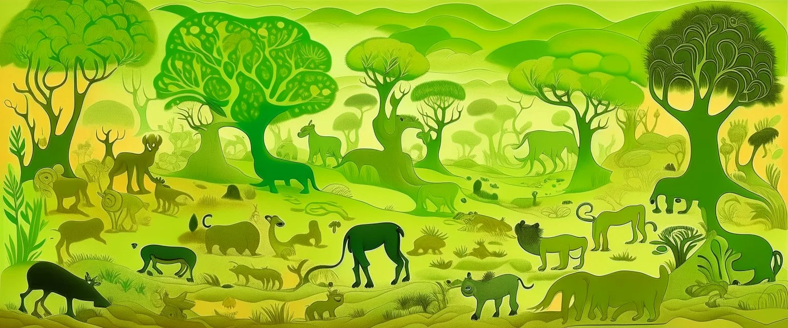 A lime colored savanna filled with animals designed in cave paintings