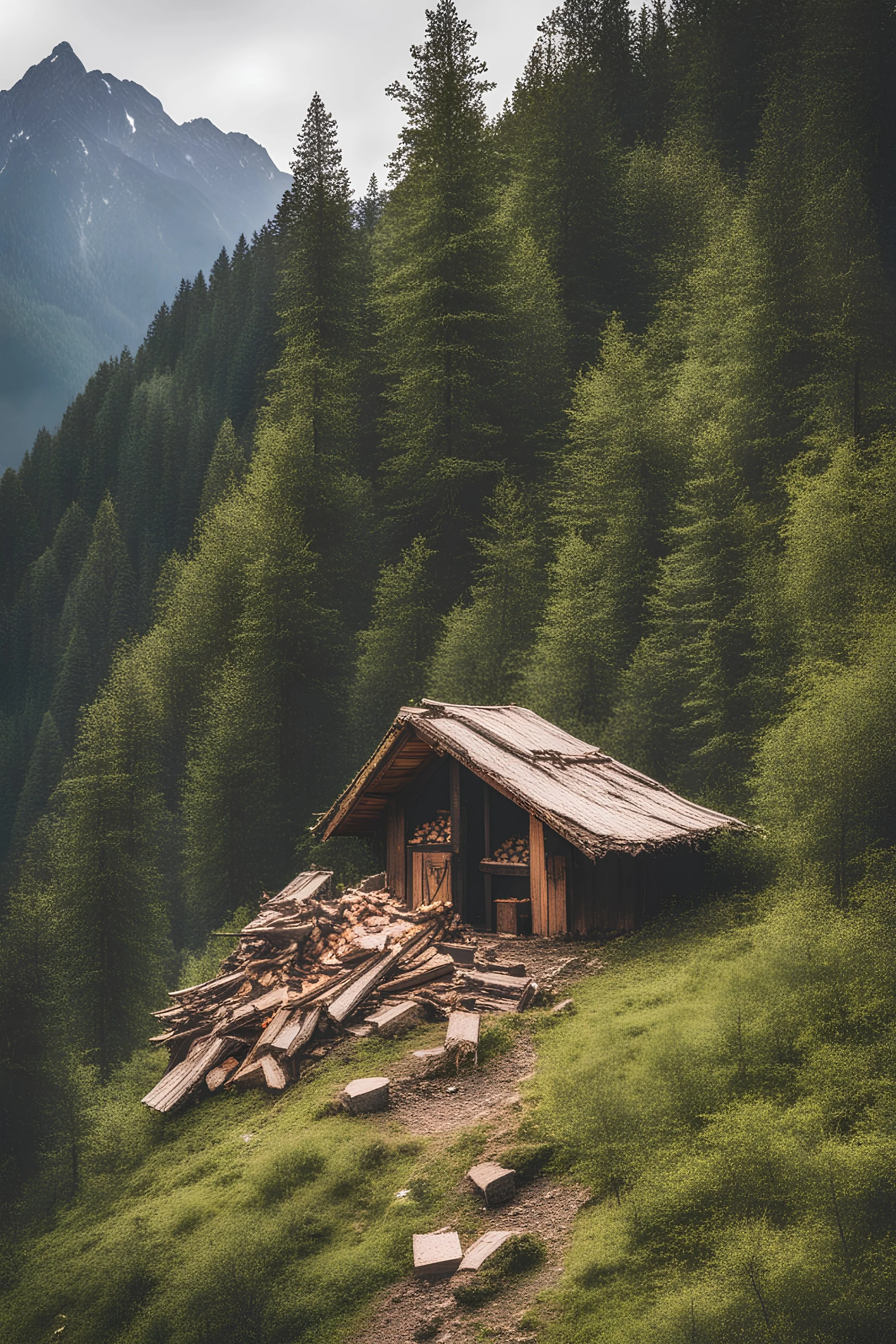 A forest hut with firewood next to it, this hut is on top of the mountains.