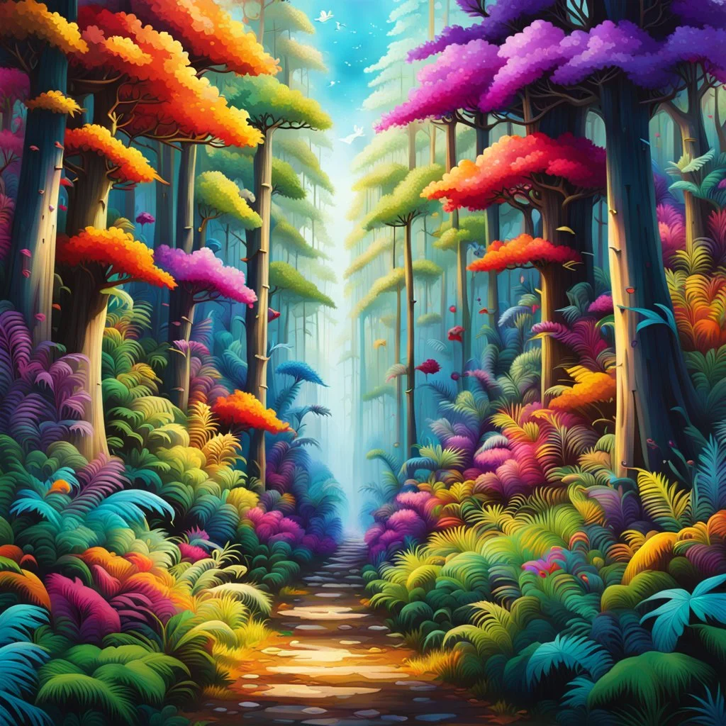 Hermoso bosque colorido maximalista arte grafiti calidad ultra, hiperdetallado,12k