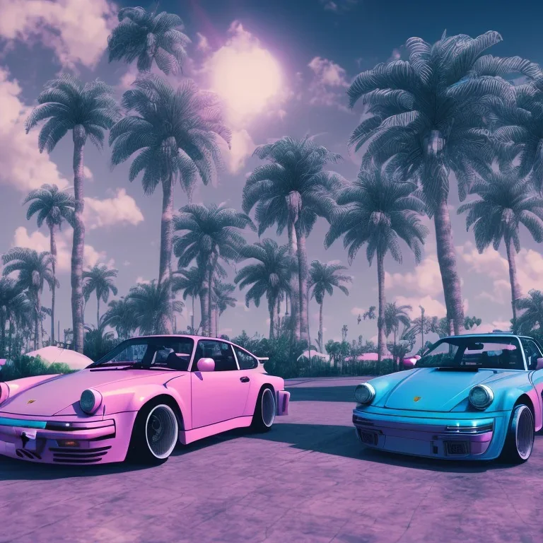 1980's aesthetic vaporwave palm trees and spheres and Porsche with lightning