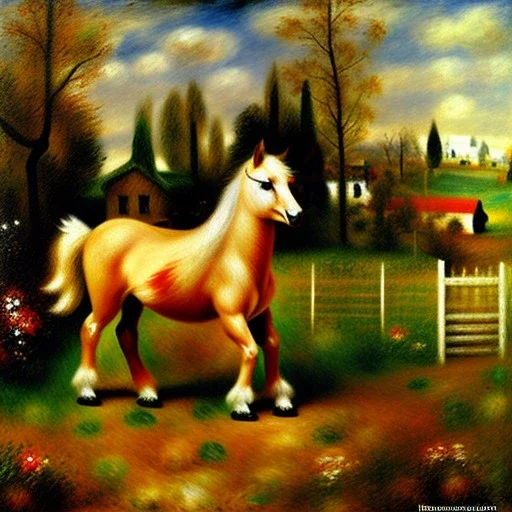 shetland pony, fence, field, oil painting, by renoir