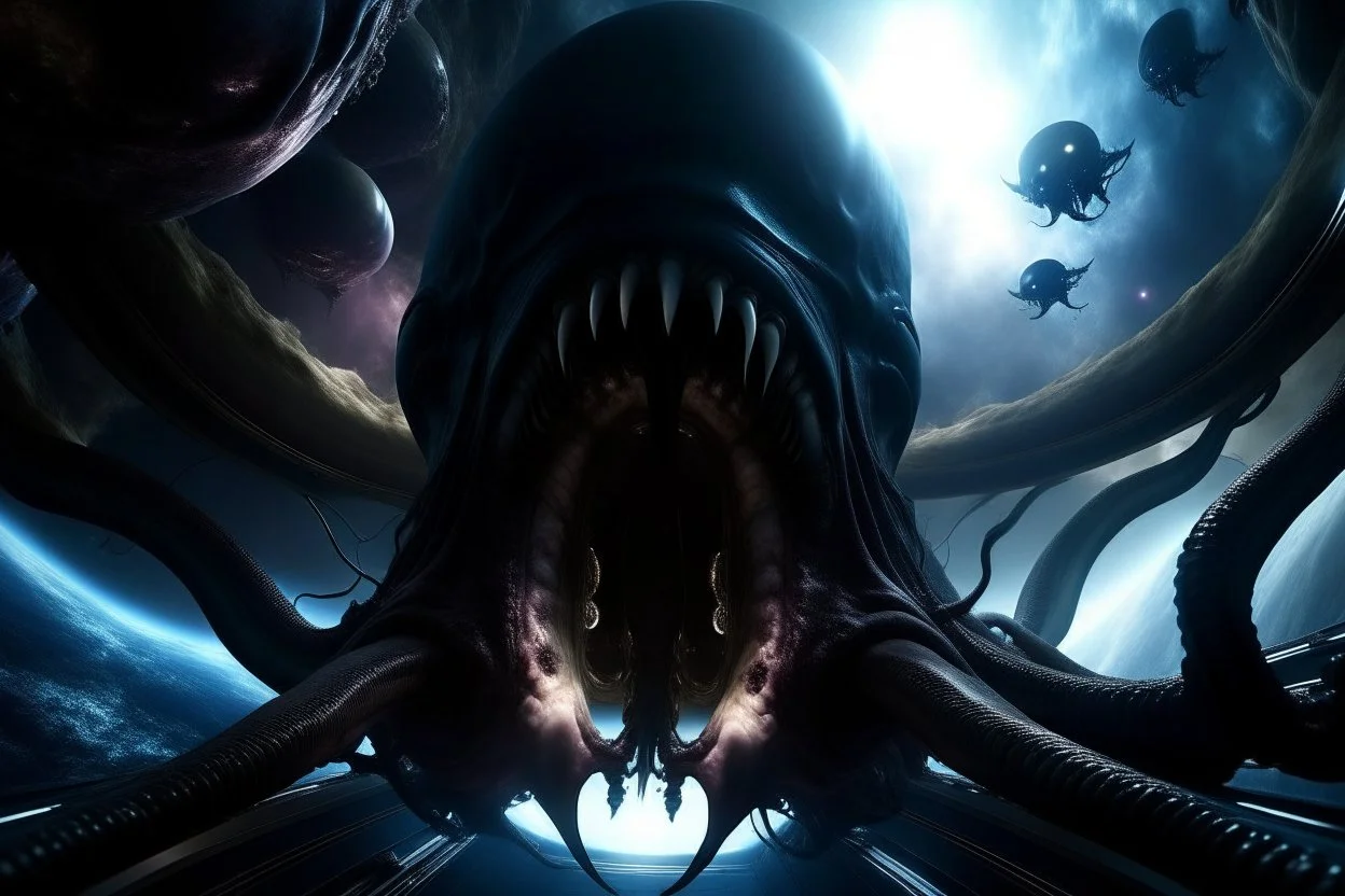 View from a spaceship into a natural event horizon in space with enormous strange tentacled creatures, with huge mouths, flying around in the black