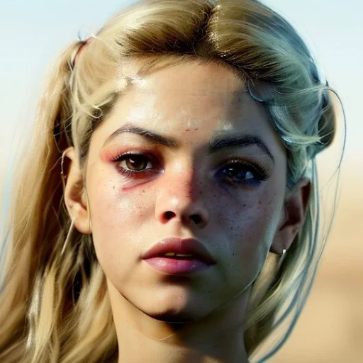 Shakira, artist, 30 years old, Realistic image, waist up portrait, blonde, loose long hair, eyes make up, perfect, glow, circle iris. concept art, smooth, unreal engine 5, god lights, ray tracing, RTX, lumen lighting, ultra detail, volumetric lighting, 3d, finely drawn, high definition, 4k.