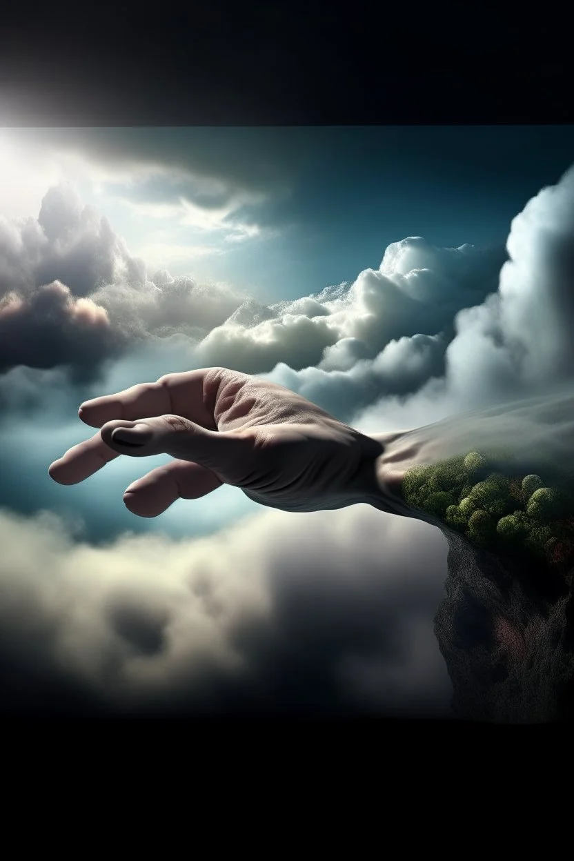 Generate a surrealistic landscape with Gods arm reaching down from a cloud towards earth