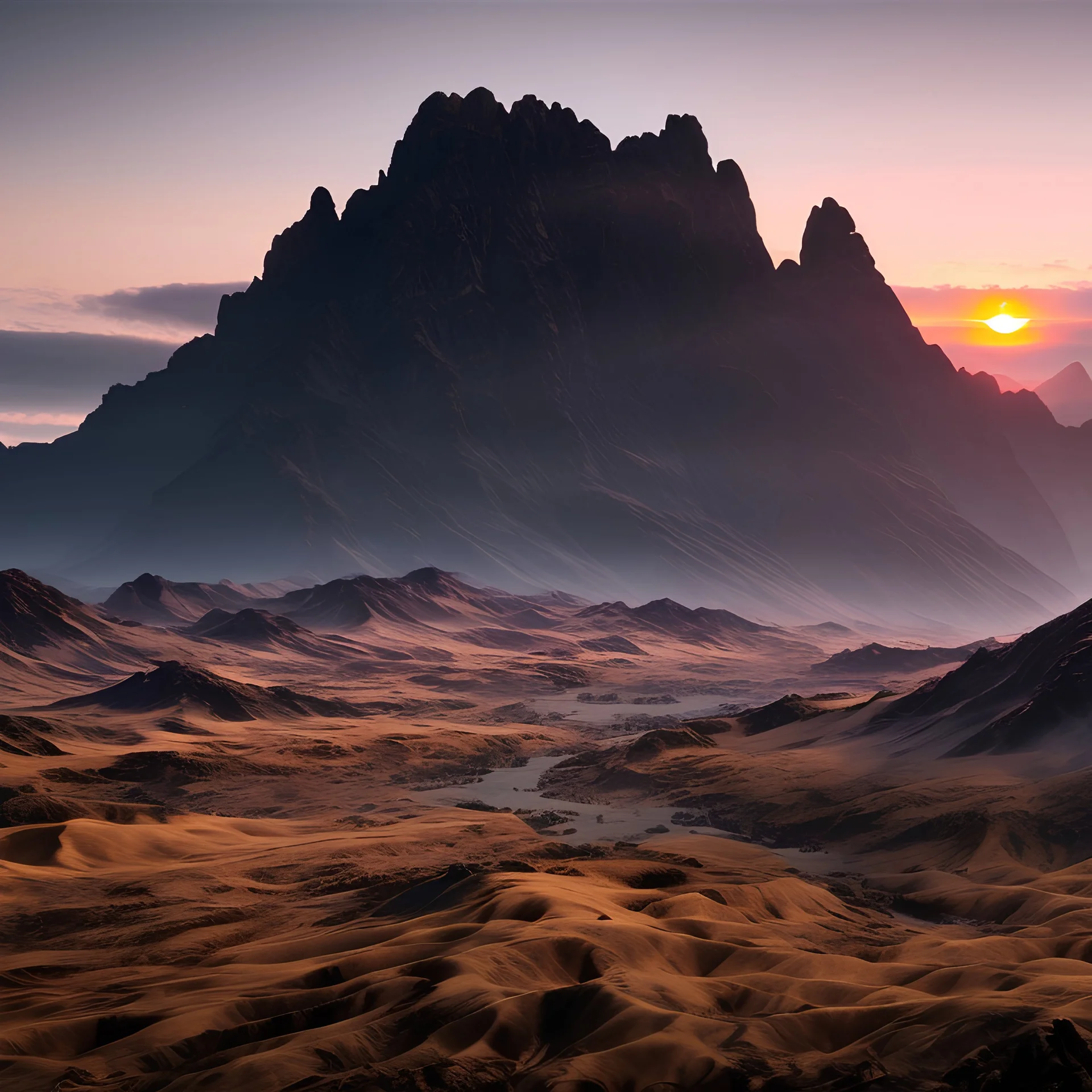 realistic detailed landscape movie shot background by denis villeneuve, ernst haeckel, max ernst, masterpiece, rich moody colours, dog teeth, sunrise