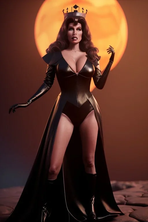 Raquel Welch as evil queen in black leather gown, angry, busty, curvey, cleavage, unreal 5, octane render, cinema4d, dynamic lighting, dramatic lighting, 4k, redshift render, highly detailed, hyper realistic