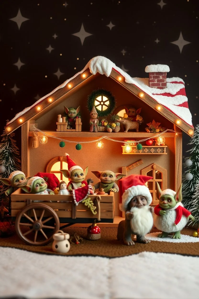 doll house with doll camping wagon and lotsa gremlins and starry background and a santa beast