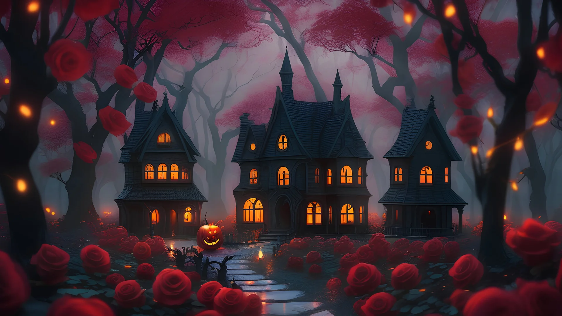 cute Halloween houses in red rose forest, trees, roses, fairy lights, red, night, 8k, high quality, trending art, trending on artstation, sharp focus, studio photo, intricate details, highly detailed, by greg rutkowski