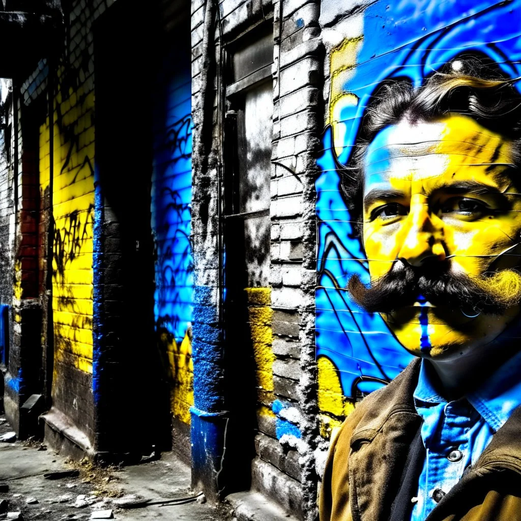 Candid photographs of the acter charli chaplin with the famous mustache on a wall in an alley of an ancient town, in a combined art style of generative art, calligraphic lines, rust debris, peeling yellow and blue paint, black and white portraits, distorted figures.