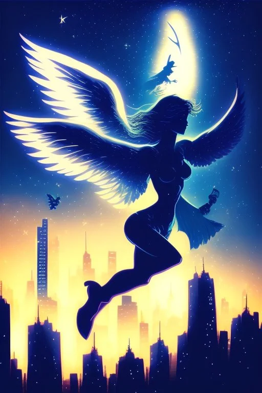 A flying angel over the tall buildings in a city at deep blue night.