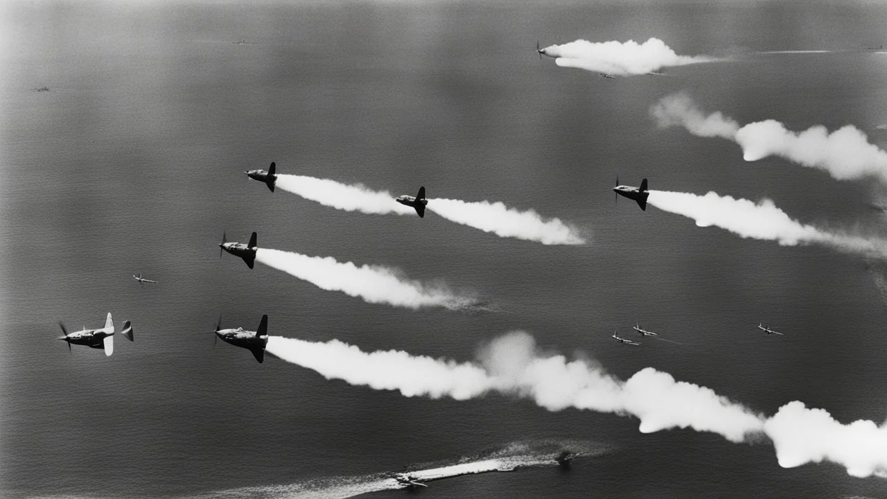 طائرات يابانية تقصف بيرل هاربر، مما أدى إلى دخول الولايات المتحدة الحرب العالمية الثانية.